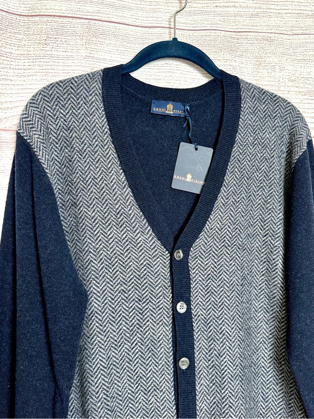Eredi Pisano Wool Cashmere Grandpa Cardigan Herringbone Navy Gray sz L Slim NWT